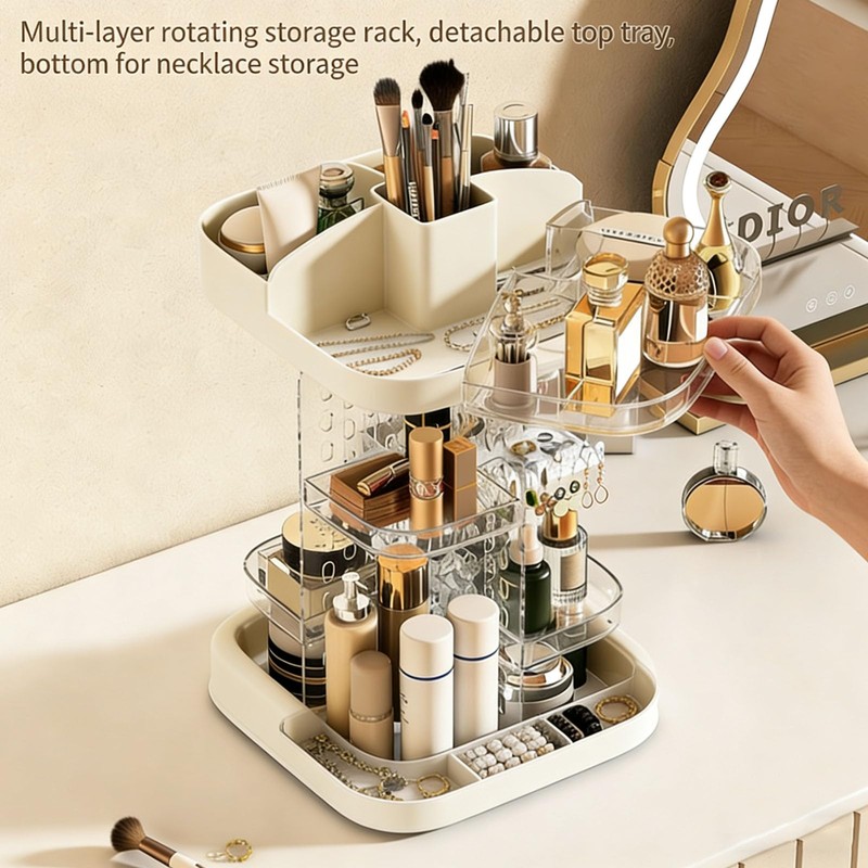 360 Spinning Rotating Makeup Organizer for Vanity with Adjustable Trays