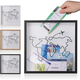 PARTY BESTBUY Shadow Box Frame,Travel Memory Box for Filling DIY Ticket,Wall Hanging Tickets Display Case with Plane World Map Designs,Collection Box with Slot On Top 7.9Inch (Black)