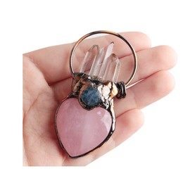 Acxico 1Pcs Natural Rose Quartz Crystal Heart Carved Pendant Clear Quartz Point Healing