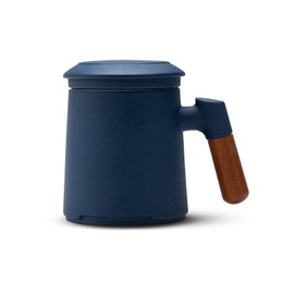 ZENS Tea Mug with Infuser,13.5 Ounce Stoneware Glazed Ceramic Tea Cup with Lid and Rosewood Handle for Steeping Loose Leaf Tea,Navy Blue