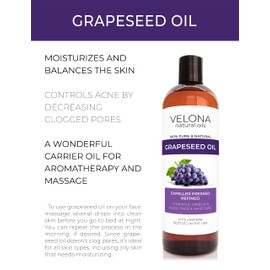 Grapeseed Oil by Velona - 2 oz | 100% Pure and Natural Carrier Oil | Refined, Cold pressed | Cooking, Skin, Face, Body, Hair Care | Use Today - Enjoy Results