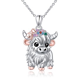 Alphm Highland Cow with Bow Necklace 925 Sterling Silver Scottish Cow Pendant Cute Highland Cow Jewelry for Women Highland Cow Lovers Present