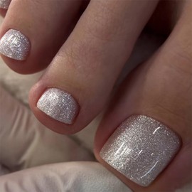 MISUD Press on Toenails - Fake Toe Nails with Bling Silver Glitter, Acrylic Toenail Sparkly Design 24 pcs