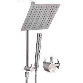 G-Promise All Metal Shower Head with Massage Mode Handheld Spray Combo, Extended Shower Diverter with Low Handheld Holder, 8 Inch Rain Shower Head, 60 Inch Long Shower Hose (Brushed Nickel）