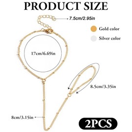 QZKJQDD Hand Chain Bracelets for Women, 2 Pcs Hand Chain Bracelet With Ring, Hand Bracelet Adjustable Vintage-Fingerornament, Bracelets for Women, Fashionable Summer Essential Item (Gold, Silver)