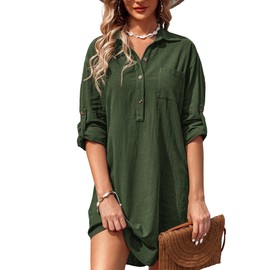 Zeagoo Women Summer Dress Cotton Linen Shirt Dress Button Down Tunic Top Beach Cover Up,Army Green,L