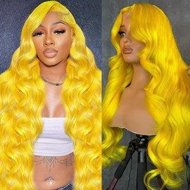 Waimro Yellow Lace Front Wig Human Hair 200 Density 13x4 Body Wave Lace Front Wigs Pre Plucked Yellow Colored Blonde Wig Human Hair Glueless Wigs 32 Inch