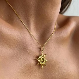 Cimenexe Bohemian Sunburst Choker Necklace - Gold Sun Pendant, Metal Spiral Collar, Rising Chain Jewellery for Women