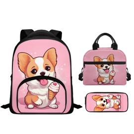 Yruonazao Pink Corgi Backpack for School Girls Bookbag with Lunch Box with Pencil Box Portable Book Bags for Teenage Girls Insulated Lunch Box Set for School for Boys Starting School Gifts for Kids