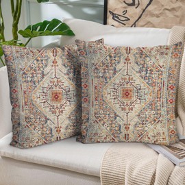 BUAEL Boho Throw Pillow Covers 18x18 inch Set of 2,Bohemian Vintage Carpet Pattern Antique Ethnic Decor Double Sided Pattern Cushion Cover Soft Pillow Case Living Sofa Room Bed Square Pillow Cover