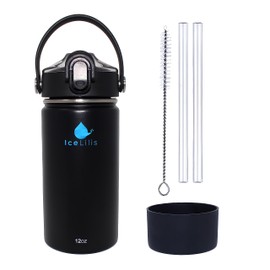 ICELILIS 12 Oz Small Stainless Steel Water Bottle - Fits Cup Holders - Straw Lid - Ideal Gift - Insulated, BPA-Free, Leakproof - For School, Kids, Outdoor & Everyday (Obsidian Onyx)