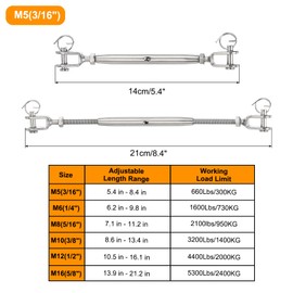 sourcing map 4Pcs M5(3/16") Closed Body Jaw and Jaw Turnbuckles Wire Rope Tension, Stainless Steel Turnbuckle Adjustable Cable Tensioner for Shade Sail Clothesline, 660Lbs Working Load Limit