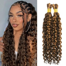 Rebasar Human Braiding Hair Water Wave 100g for Boho Braids Weaving Hair Bulks Brasilianisches Haar P4/27 Blond Highlights Color Curly 14 Zoll