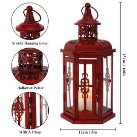 JHY DESIGN Decorative Candle Lantern 10“H Vintage Hanging Lantern Metal Candleholder for Indoor Outdoor Events Parities and Weddings (Red with Black Brush)
