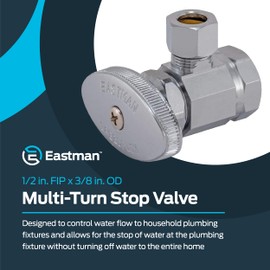 Eastman 1/2 Inch FIP x 3/8 Inch OD Compression Multi-Turn Angle Stop Valve with Brass Stem, Brass Plumbing Fittings, Chrome, 10809LF