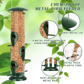 FEED GARDEN Metal Tube Bird Feeders for Outdoors Hanging, 6-Port Bird Feeder for Outside, Finch Feeders for Outside, Squirrel Proof Bird Feeders with Heavy Duty Metal Lid, Chew-Proof, 13 Inch Green