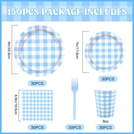 150PCS Blue Gingham Disposable Party Tableware Set for 30 Guests