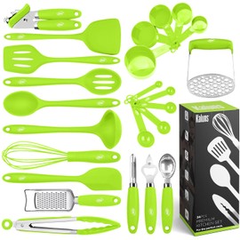 Kaluns Silicone Kitchen Utensils Set 24 Pcs Silicone Cooking Utensils Set - Can Opener, Masher, Turner, Spatula 446°F Heat Resistant Non-Stick - Premium Silicone and Stainless Steel Utensil Set