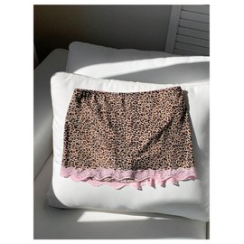BEAUDRM Women's Leopard Side Slit Mini Skirt Y2k Cheetah Lace Trim Drop Waist Bodycon Skirt Brown and Pink Small