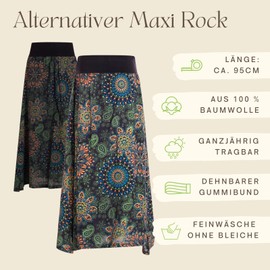 Vishes Long Women's Autumn Skirt with Mandalas, Size 34-48, Handmade from 100% Cotton, Skirt with Wide Waistband, For Warm and Cold Months, Sustainable Alternative Clothing, black-green, 44