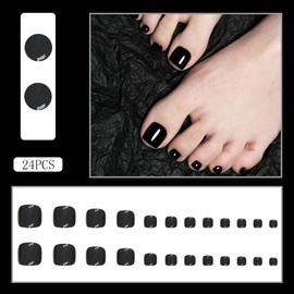 24 Pcs CEWEWP Black Glossy Press on Toenails for Women Summer Short Toe False Nails Full Cover Toe nail Press on Fashion Nails Square Fake toenails Acrylic Solid Black Design Stick on Toenails
