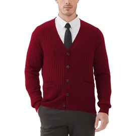 Kallspin Men's Cardigan Sweater Wool Blend Cable Knit V Neck Buttons Cardigan with Pockets(Burgundy Red, Medium)