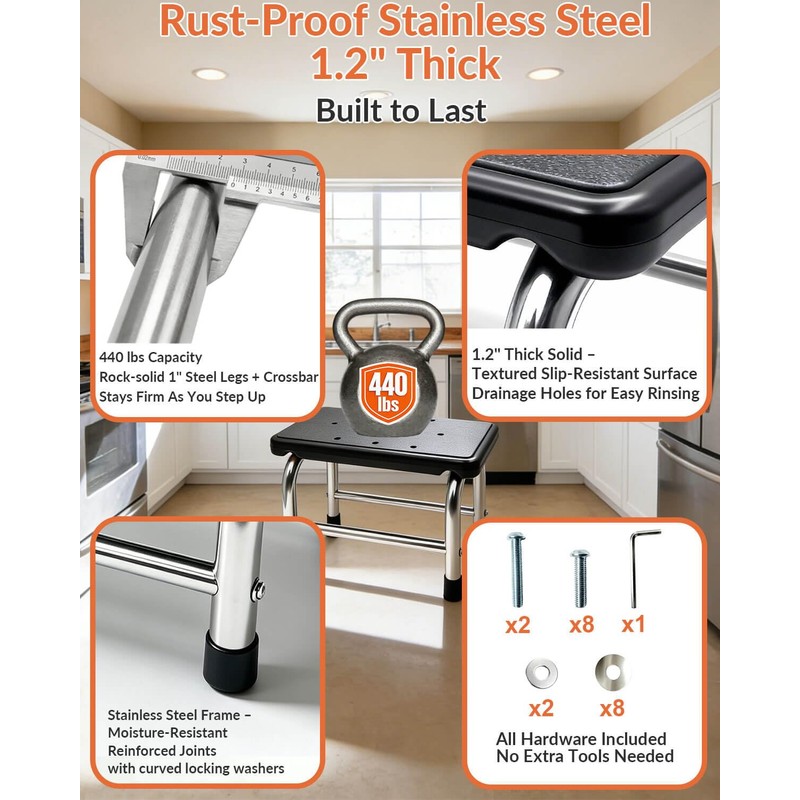Step Stool, 440 lbs Heavy-Duty, Non-Slip Stainless Steel Platform for