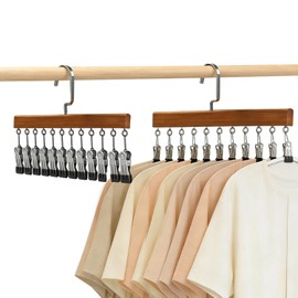 Closet Organizer with 12 Clips, Space Saving Hangers for Clothes, Hanging Closet Organizers and Storage, Wooden Socks Hats Pants Hangers with Clips, for Small Room Organization (2 Pack)