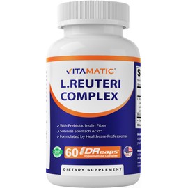Vitamatic Lactobacillus Reuteri Complex – 22 Billion CFU per Delayed Release Capsule – 60 Capsules – Digestive & Gut Health Support – with Prebiotic Inulin Fiber
