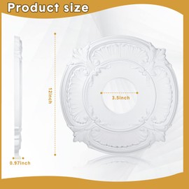 Cunno 2 Pieces PU Ceiling Medallion Decorative Ceiling Fan Medallion Round Home Lighting for Light Fixtures Chandeliers, 12" od x 3.5" ID(White)