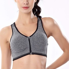 CARETOO Women's Sports Bra Front Zip Wireless Bras Shock Absorber Sports Bra, Stress Training Yoga Bustier with Removable Pads for Running Gym Fitness (Black & Grey, 4XL)