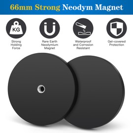 Wukong Extra Strong Rubberised Magnets Diameter 66 mm, Pack of 2 Strong Magnets Non-Slip with M6 Flat Thread, Magnets with Thread for Vehicles, Lamps, Attaching Tools