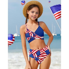 Aulyffo Girls 4th of July Swimsuit Size 10 Fourth of July Bathing Suits for Girl Size 9 Criss Cross V-Neck Adjustable Shoulder Straps Girls' Swimwear American Flag