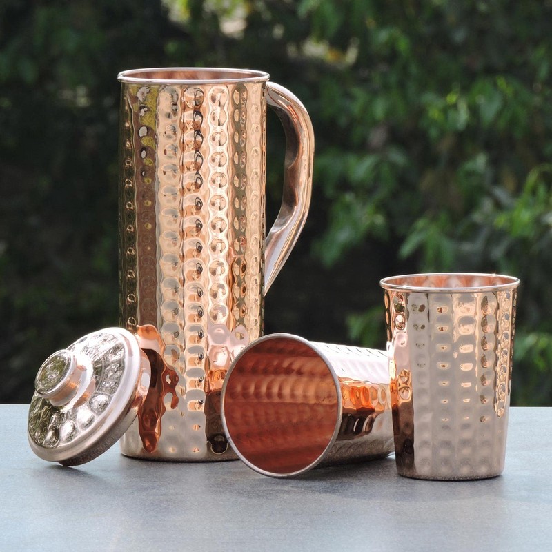 Pure Copper Hammered Jug 1 Litre Capacity with 2 Cups