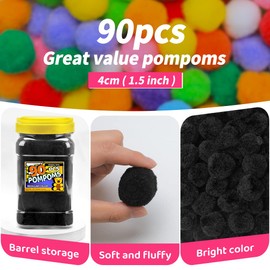 Bundooraking Pom Poms, 1.5 inch (4cm), 90pcs Black Pom Poms, Pom Poms for Crafts.