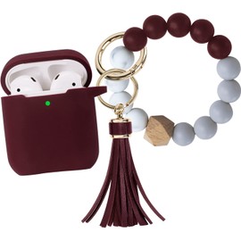 Silicone Compatible with AirPods Case Cover,Wonjury Protective Case with Bracelet Keychain for Women Girls,Compatible with Air Pod 2 & 1 Charging Case, Burgundy