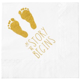Baby Shower Napkins - "And The Story Begins" 100 Gender Reveal Gold Napkins - Large 6.5 x 6.5 Inch
