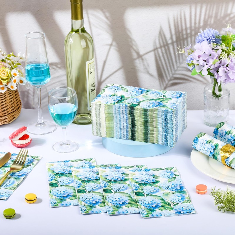 100 Pcs Hydrangea Floral Paper Guest Napkins Blue Flowers Napkin