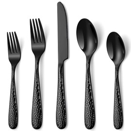 Hammered Black Silverware Set, EUIRIO 20-Piece Cutlery Set for 4, Heavy Duty Stainless Steel Flatware Set, Food-Grade Utensil Sets Includes Spoons Forks and Knives, Mirror Finish Dishwasher Safe