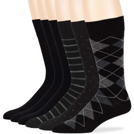 7BIGSTARS KINGDOM Men's Dress Socks Cotton -6 pack- Assortment Thin Business Casual Argyle, Dotted, Striped, Solid, Sock Size 10-13 Shoe Size 9-12 L Black (A17)