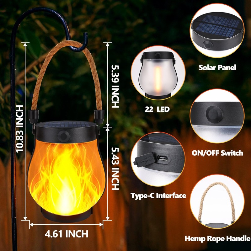 Toodour Solar Lanterns Outdoor, 2 Pack Flickering Flame Hanging Lantern