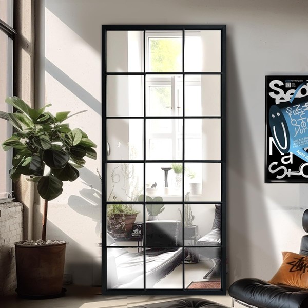 OUSHUAI Balck Full Length Mirror,Window Pane Grid Mirror,Minimalism Long Wall