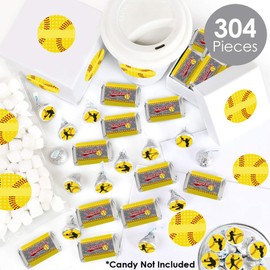 Big Dot of Happiness Grand Slam - Fastpitch Softball - Mini Candy Bar Wrappers, Round Candy Stickers and Circle Stickers - Birthday Party or Baby Shower Candy Favor Sticker Kit - 304 Pieces