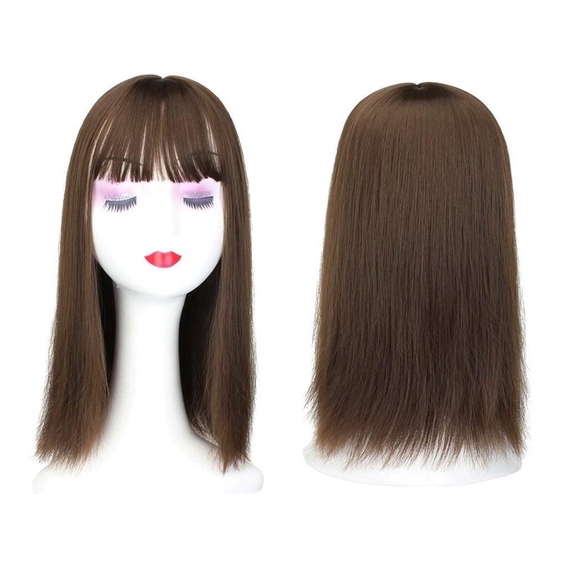 Silk Straight Hair Topper Thick Bangs 16inch Clip in One
