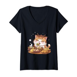 Womens Kawaii Anime Cat Dim Sum Bowl Cute Feline Eats Chinese Food V-Neck T-Shirt