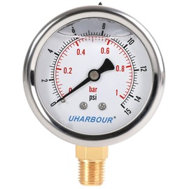 UHARBOUR Vacuum Gauge 2-1/2" Dial Liquid Filled -30 inhg/0, Rubber Protective Case, 1/4" Brass Lower Mount, Including 1/4" to 1/8" Thread Adapter and Teflon Tape