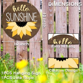 Hello Sunshine Decorations for Home, 10" Farmhouse Sunflower Door Sign, Rustic Welcome Hanging Sign for Front Door Wall Indoor Outdoor Decor - D01