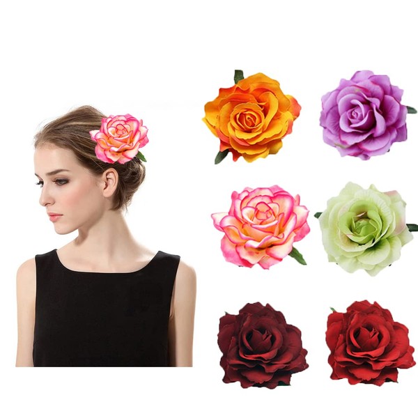 ericotry Pack of 6 Rose Flower Hair Clip Floral Brooch Flower Brooches Hairpin Hair Accessories for Wedding Bridal Headpiece Flamenco Dancer (Mixed 6 Colors)