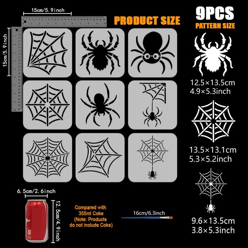 FINGERINSPIRE 9PCS Spider Stencils with 1Pc Plastic Brush 15x15cm