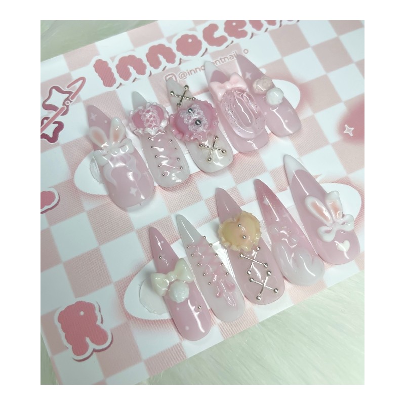 Pink Bunny Bunny Handmade Nail Tips - Square / 핑크바니바니